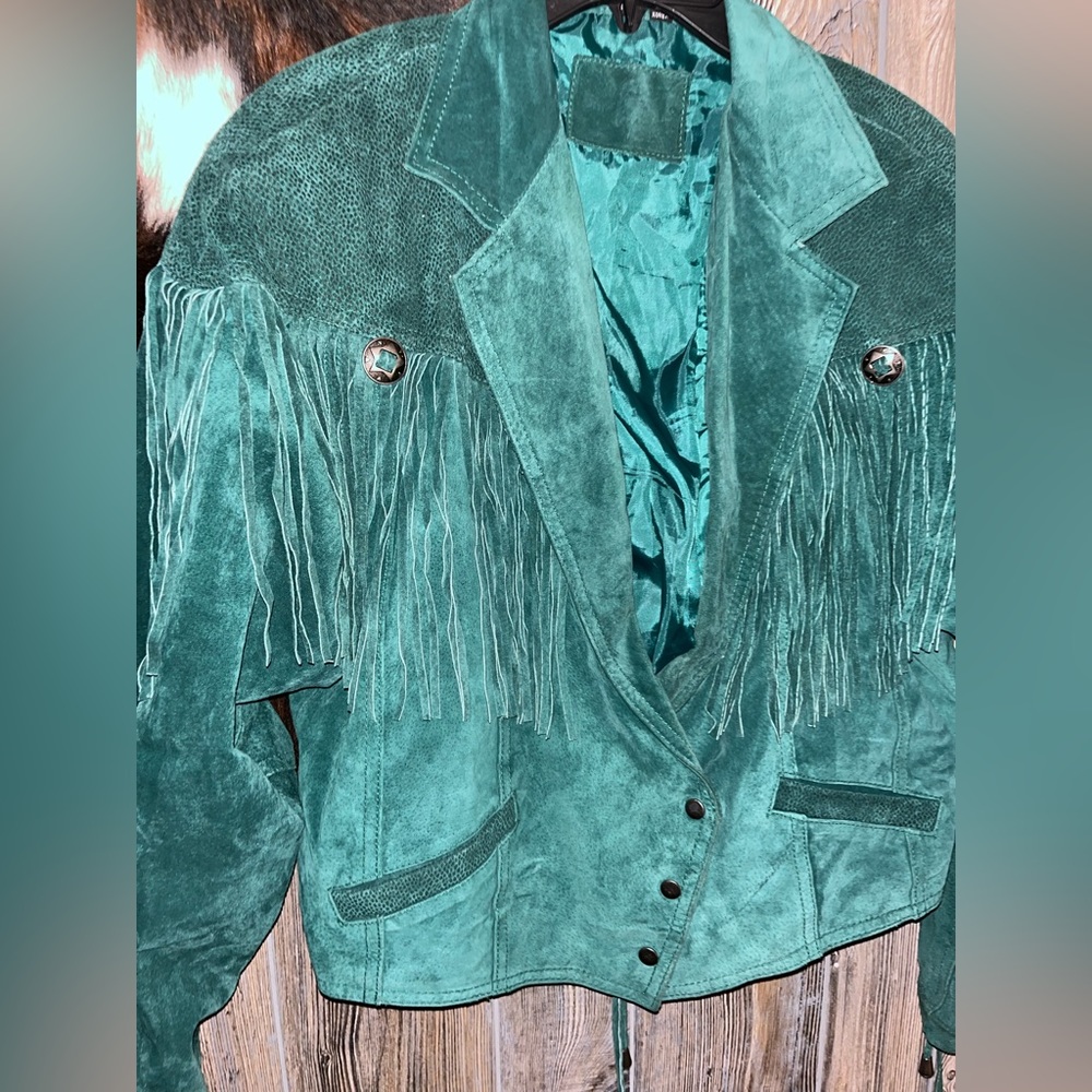 Hunt Club Teal Green Suede Fringe Leather Jacket - Picture 2 of 9